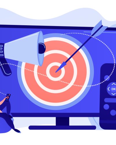 Addressable TV advertising concept vector illustration. Businessman with remote control watching targeted TV ads. Addressable TV advertising, new advertising technology, targeting TV marketing concept. Pinkish coral bluevector isolated illustration