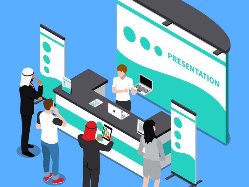 Promotion Stand Isometric Composition Isometric composition with people watching presentation of laptop near promotion stand on blue background 3d vector illustration